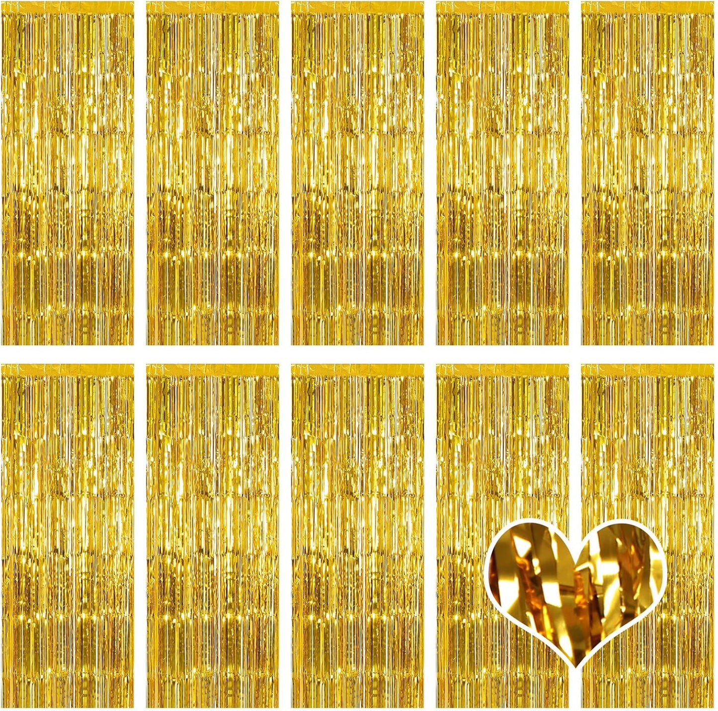 10 Pack Gold Backdrop Curtain 3.2ft x 8.2ft Metallic Tinsel Foil Fringe Curtains Photo Booth Background for Birthday Party Decoration Baby Shower Engagement Wedding Christmas Decoration (Gold)