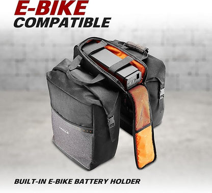 Ibera Bike Bag MIK Panniers 52.7L for Ebikes - Clip-On bike Bags For Bicycles with Built-in Battery Holder & Rain Cover - Water-Resistant Bike Rack Bag with Reflective Trim - ONLY FOR MIK RACKS