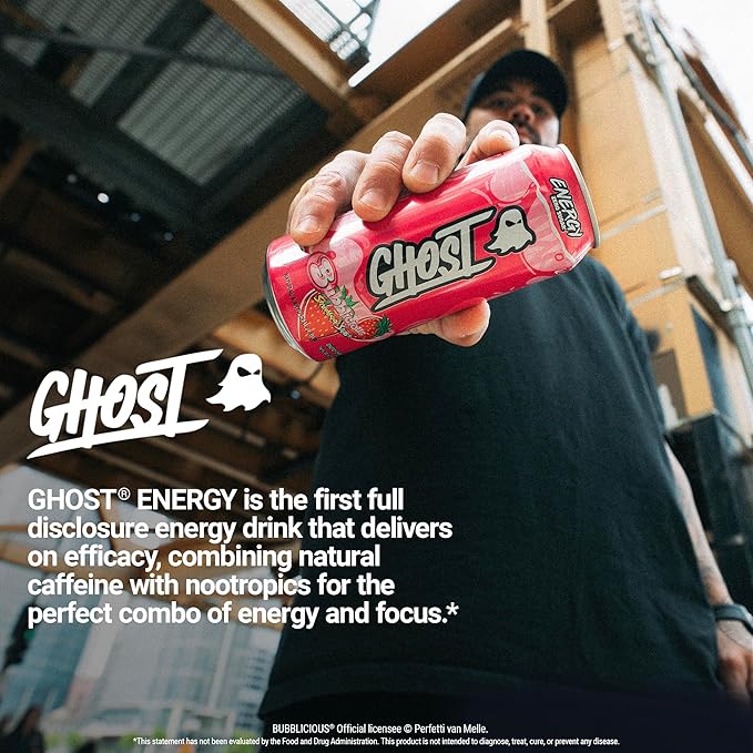 GHOST Energy Drink - 12-Pack, Bubblicious Strawberry Splash, 16oz Cans - Energy & Focus, No Artificial Colors - 200mg of Natural Caffeine, L-Carnitine & Taurine - Gluten-Free & Vegan