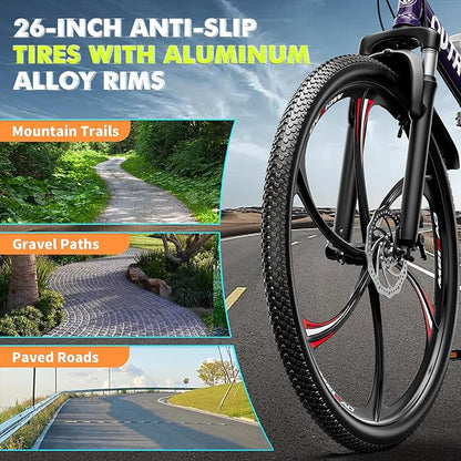 26 Inch Folding Mountain Bike, 21 Speed Full Suspension Bicycle with High-Carbon Steel, Dual Disc Brake Non-Slip Quick Release tire Folding Bicycle for Adults/Men/Women