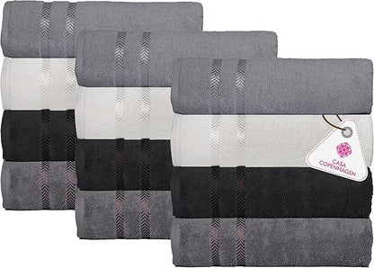 CASA COPENHAGEN Ember, 500 GSM, 16x28 Inches, Hand Towels, Set of 12 Towels, Super Soft and Absorbent, Egyptian Cotton Towels for Bathroom & Kitchen - Light Grey +White +Black +Dark Grey