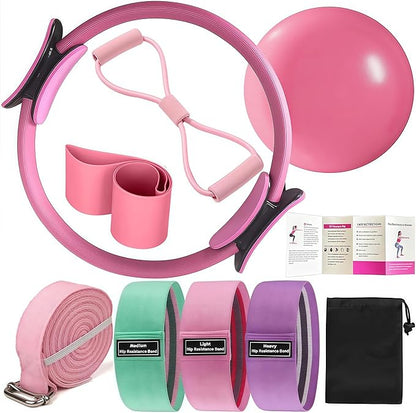 Pilates Set – Home Pilates Equipment for Women Kit with Magic Circle Pilates Ring and Ball Set, Resistance Bands & Massage Balls & Exercise Bands for Toning，Flexibility & Core Strength