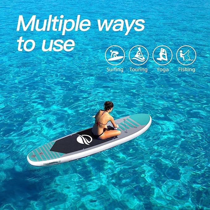 Inflatable Stand Up Paddle Board with SUP Accessories & Backpack. Paddle Boards for Adults. Non-Slip Deck, Wide Stance, Bottom Fin, Double Action Pump.