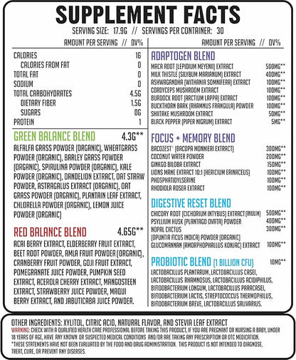 GMU SPORT Daily Greens and Reds, Super Greens Powder, 42 Superfoods, Probiotics, Adaptogens, Antioxidants for Gut Health, Superfood Powder for Mental Focus, Organic Greens Powder - Peach Berry Flavor