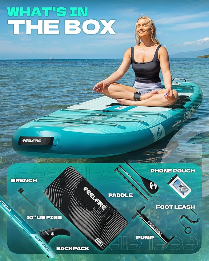 Feelfire11'x34” Extra Wide Inflatable Paddleboard, Stand-up Paddle Board for Adults, 420lb Capacity for Yoga/Fishing/Family, EVA Deck, US Fin, High-Pressure Pump, Storage Backpack, Safety Leash