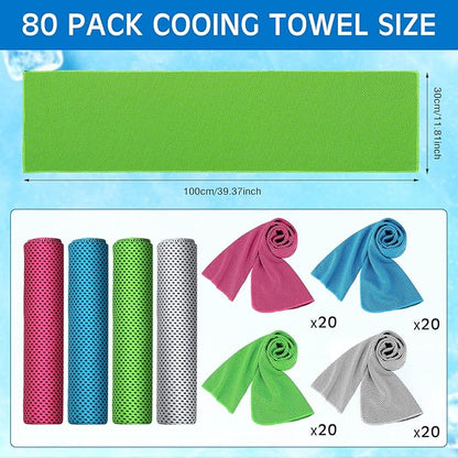 Shellwei 80 Pcs Cooling Towel Bulk 40 x 12 Inch Double Layer Microfiber Chilly Cold Towel for Neck Gym Yoga Running Workout Sports(Rose Red, Light Blue, Green, White)