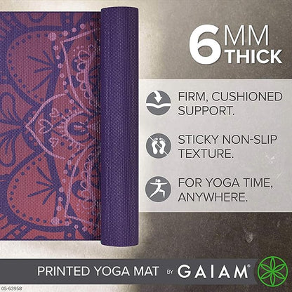Gaiam Yoga Mat - Premium 6mm Print Extra Thick Non Slip Exercise & Fitness Mat for All Types of Yoga, Pilates & Floor Workouts (68"L x 24"W x 6mm Thick)