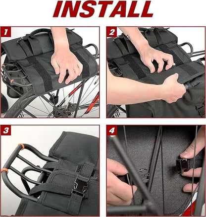 Ibera Adjustable Bicycle Bag (Pair) with Quick Release/Clip-On System - Water Resistant Bike Saddle Bags For Rear Rack with & 19.8 lbs Capacity Each - Saddle Bag Bicycle Fits Most Racks (Black)