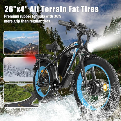 Electric Dirt Bike, 5000W Peak Dual Motor EBike for Adults, 60V 25AH Battery Electric Bike with 40-50MPH Mountain AWD 21-Speed Snow, 26" x 4.0 Fat Tire, Long Range Off-Road