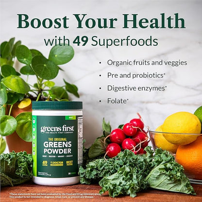 Greens First Original Greens Powder - 49 Superfoods - Organic Fruits & Veggies - Prebiotics, Probiotics & Digestive Enzymes - Antioxidant Smoothie - Dairy Free, Vegan & Non-GMO (Mint, 60 Servings)