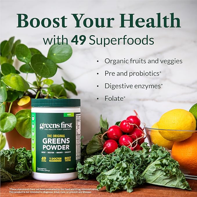 Greens First Original Greens Powder - 49 Superfoods - Organic Fruits & Veggies - Prebiotics, Probiotics & Digestive Enzymes - Antioxidant Smoothie - Dairy Free/Vegan/Non-GMO (Citrus, 60 Servings)
