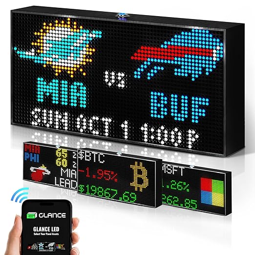 Glance LED Ticker - Customizable LED Display Sports Ticker, LED Display for Man Cave, Stock Market Ticker Display, Sports Score Retro Smart Pixel Display, Weather Display - 10.5"x5.5" Made in USA