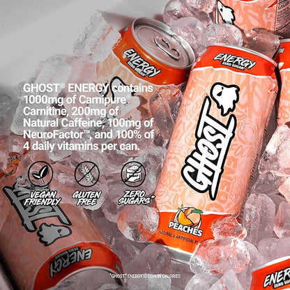 GHOST Energy Drink - 12-Pack, Peaches, 16oz - Energy & Focus & No Artificial Colors - 200mg of Natural Caffeine, L-Carnitine & Taurine - Gluten-Free & Vegan