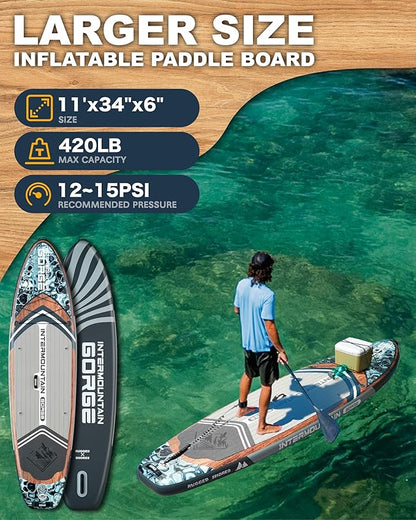 11'x34 Ultra Wide Paddleboard, Inflatable SUP&430lb Capacity for All Skill, Stand-up Paddle Board for Yoga/Family, EVA Deck, US Fin, High-Pressure Pump, 100L Bag, Safety Leash