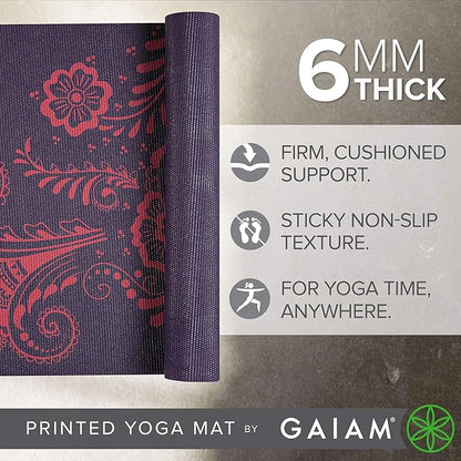 Gaiam Yoga Mat - Premium 6mm Print Extra Thick Non Slip Exercise & Fitness Mat for All Types of Yoga, Pilates & Floor Workouts (68"L x 24"W x 6mm Thick)