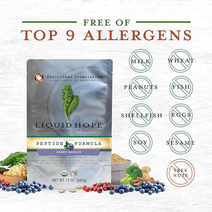 Functional Formularies Liquid Hope Peptide Berry Medley, Organic Tube Feeding Formula And Nutritional Meal Replacement Supplement, 12 Fl. Oz. Pouch, Pack of 24, Total: 288.0 Fl Oz