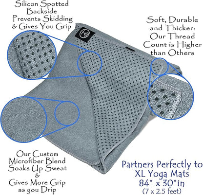 Tatago Hot Yoga Mat Towel Non Slip for Hot Yoga (72-84 inch Mats) Our Hot Yoga Towel Non Slip Silicone Dabs & Absorbent Microfiber Blend Gives You More Grip As You Drip! (Nube Gris, XL - 84")
