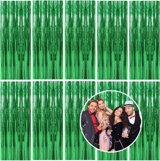 10 Pack Foil Curtain Backdrop Green Metallic Tinsel Foil Fringe Curtains Photo Booth Props for Birthday Wedding Engagement Baby Shower Bachelorette Christmas Holiday Celebration Party
