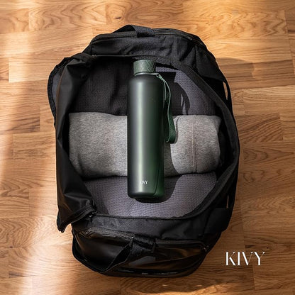 KIVY Slim Water Bottle 32oz [Lightweight & Shatterproof] Fits Backpack & Cupholder for Travel, Sports, School, Gym - Dark green water bottle no straw - Gym water bottle screw top - Dishwasher Safe
