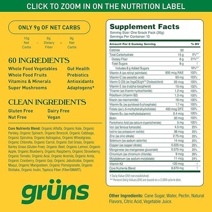 Gruns Adults Super Greens Gummies, Multivitamin Superfood Gummy Bears, Spirulina, Chlorella, Prebiotics & Fiber Gummies for Digestive Health, Adaptogens Supplement, 20 Vitamins & Minerals, 10 Count