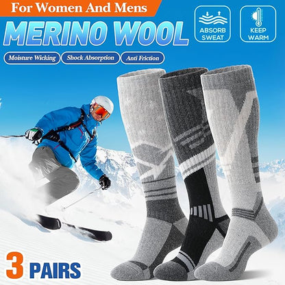 3 Pairs Merino Wool Ski Socks Thermal Warm Winter Thick Knee High Snowboarding Skiing Socks for Women Men