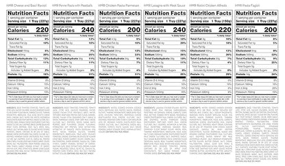 HMR Pasta Classics Entree Bundle 1 ea Penne Pasta w/Meatballs, 1 ea Rotini Chicken Alfredo, 2 ea Cheese & Basil Ravioli, and 2 ea Creamy Mac & Cheese, 7-8 oz, 6 Ready to Eat Meals