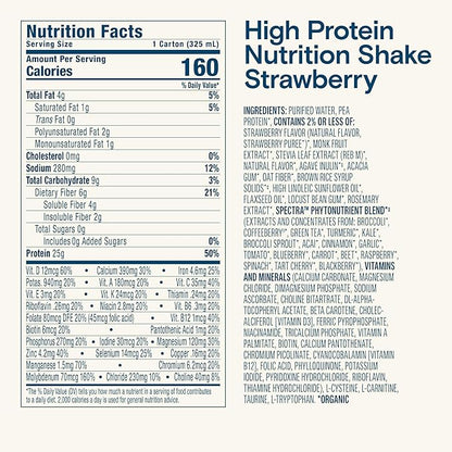 KATE FARMS Organic High Protein Strawberry Nutrition Shake, 25g Protein, 6g Fiber, 27 Vitamins and Minerals, 0g Sugar, Protein Drink, 11 oz (6 Pack)