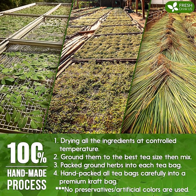 FreshDrinkUS, Premium 30 Tea Bags Tulsi Moringa Lemongrass, 100% Natural & Pure from Tulsi Holy Basil Leaves, Moringa & Lemongrass. Made with Natural Material Tea Bags. No Sugar, No Caffeine, Vegan.