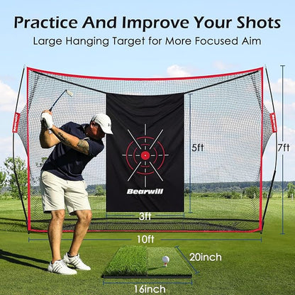 Golf Net, 10x7ft Heavy Duty Golf Practice Nets with Mat, Target Cloth, 8 Tees, 6 Balls, Carry Bag for Backyard Driving Chipping Indoor Outdoor Training