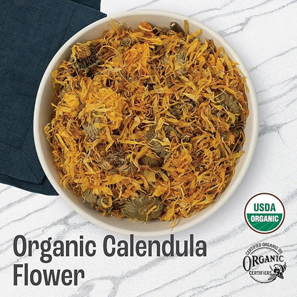 J Mac Botanicals, Organic Calendula Flower (4 ounce), whole dried flowers and petals, loose leaf tea, marigold flower, USDA Certified Organic. Great for loose leaf teas, cocktail bombs, salve