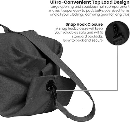 WHITEDUCK Top Load Canvas Folding Duffel Bag, Water Resistant Army Style Shoulder Bag for Men and Women- Gym, Sports, Travel, Hiking, Camping, Backpacking (Large 25" x 42",Black)