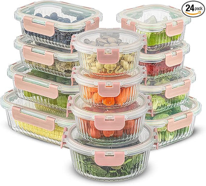 JoyJolt 24pc Borosilicate Glass Storage Containers with Lids | 12 Airtight/Freezer Safe Food Storage Containers for Pantry and Kitchen | Meal Prep Container for Lunch | Glass Tupperware Set