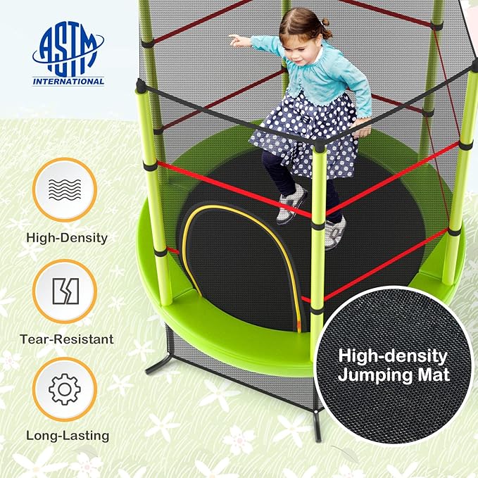 GYMAX Toddler Trampoline, 55” Trampoline for Kids with Bottom-to-Top All-Round Enclosure Net & Seamless Jumping Mat, ASTM Approved Easy Assembly Kids Mini Trampolines Indoor/Outdoor