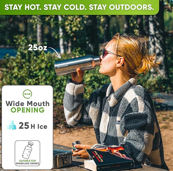 Blockhütte Vacuum Insulated Stainless Steel Water Bottle I 25 oz I Wide Mouth Metal Bottle for hot and cold drinks I BPA-Free I for Travel, School I Kids, Adults, Water Canteen, Sports, flask