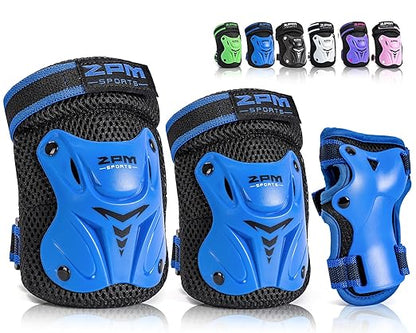 2PM SPORTS Knee Pads for Kids, Wrist Guards Knee and Elbow Pads Set with Drawstring Bag, Protective Gear Set for Girls Boys Roller Skating Cycling Skateboard - Blue Medium