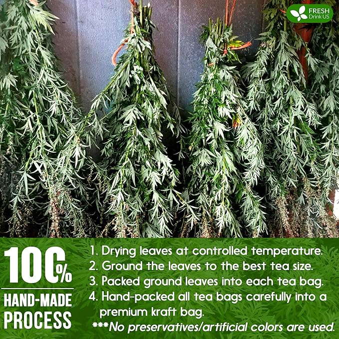 FreshDrinkUS, Premium 60 Mugwort Leaf Tea Bags, 100% Natural and Pure Mugwort Leaves. Loose Leaf Mugwort Herbal Tea. Mugwort Leaf Tea. No Sugar, No Caffeine, No Gluten, Vegan.