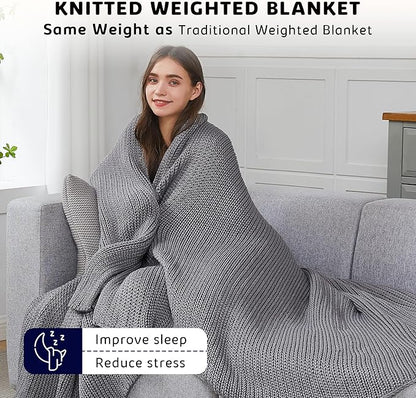 L'AGRATY Knitted Weighted Blanket - 60"x80" 20lbs Cooling Chunky Knit Heavy Blanket for Adults Braided Crochet Throw Thick Cable Yarn Knit Decorative No Beads Evenly Weighted Machine Washable