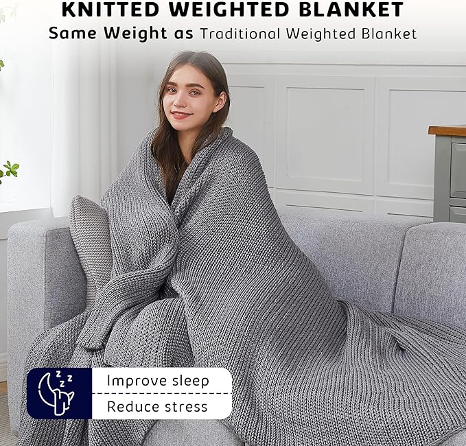 L'AGRATY Knitted Weighted Blanket - 48"x72" 15lbs Cooling Chunky Knit Heavy Blanket for Adults Braided Crochet Throw Thick Cable Yarn Knit Decorative No Beads Evenly Weighted Machine Washable