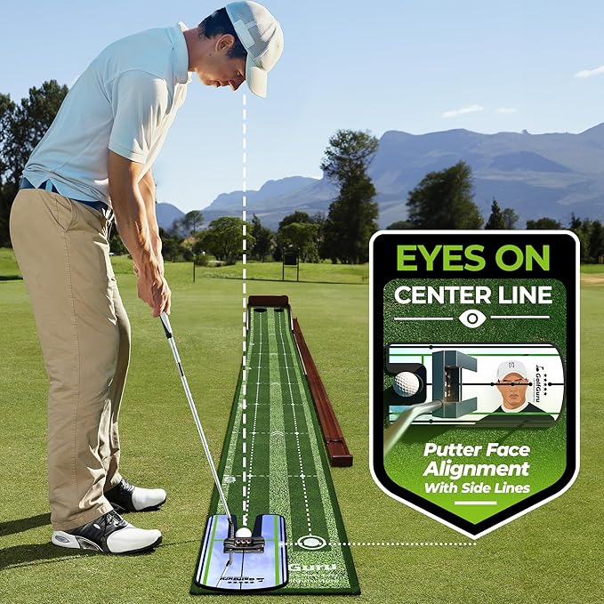 Golfguru Putting Green, 9.8ft Golf Putting Mat with Automatic Ball Return Track & Putting Mirror, Indoor Putting Greens for Home with Thickened Wrinkle-Free Crystal Velvet, Golf Accessories for Men
