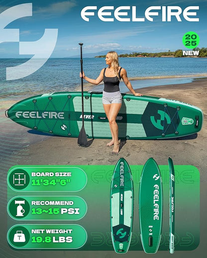 Feelfire11'x34” Extra Wide Inflatable Paddleboard, Stand-up Paddle Board for Adults, 420lb Capacity for Yoga/Fishing/Family, EVA Deck, US Fin, High-Pressure Pump, Storage Backpack, Safety Leash