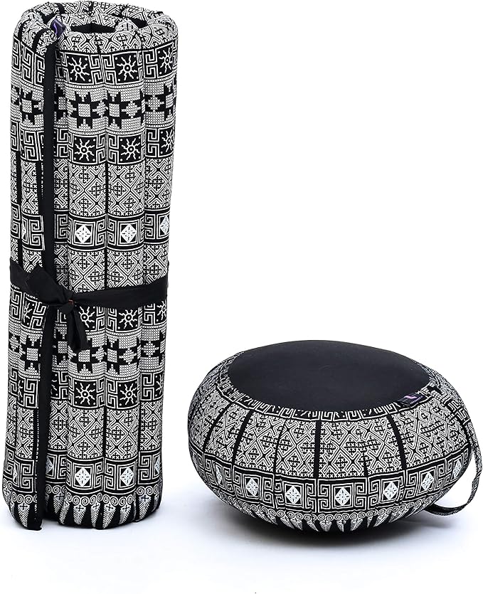 Leewadee Meditation Cushion Set – 1 Round Zafu Meditation Pillow and 1 Square Roll-Up Zabuton Meditation Mat, Pillows Bundle Filled with Kapok