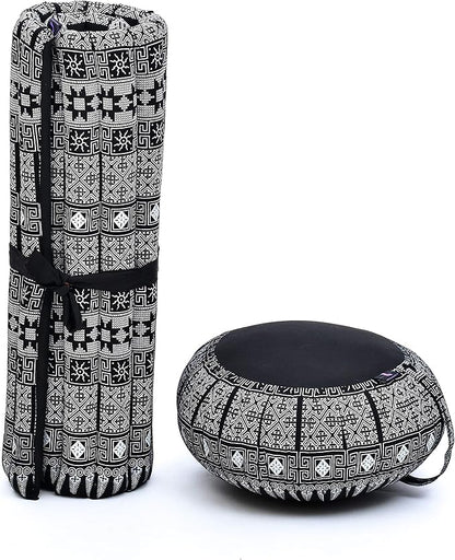 Leewadee Meditation Cushion Set – 1 Round Zafu Meditation Pillow and 1 Square Roll-Up Zabuton Meditation Mat, Pillows Bundle Filled with Kapok