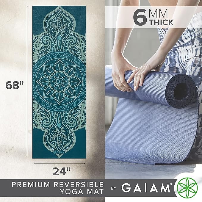 Gaiam Yoga Mat - Premium 6mm Print Reversible Extra Thick Non Slip Exercise & Fitness Mat for All Types of Yoga, Pilates & Floor Workouts (68" x 24" x 6mm Thick)