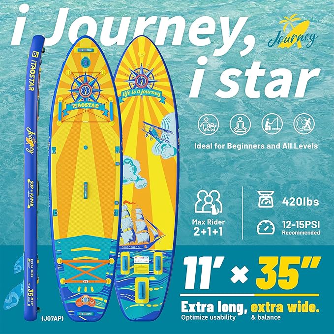 Journey 11'6" / 11'×34" / 11'×35" Extra Wide Paddle Board, One-Stop Premium SUP Board Accessories, Tailored Fins, Stable Inflatable Stand Up Paddle Boards for Youth/Adults of All Skill Levels