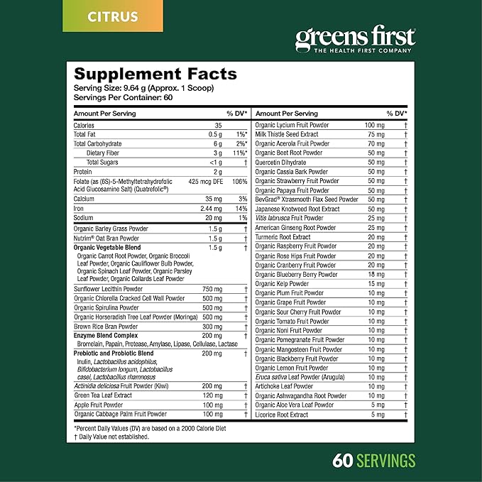 Greens First Original Greens Powder - 49 Superfoods - Organic Fruits & Veggies - Prebiotics, Probiotics & Digestive Enzymes - Antioxidant Smoothie - Dairy Free/Vegan/Non-GMO (Citrus, 60 Servings)