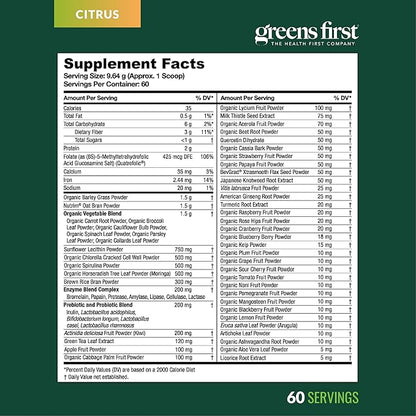 Greens First Original Greens Powder - 49 Superfoods - Organic Fruits & Veggies - Prebiotics, Probiotics & Digestive Enzymes - Antioxidant Smoothie - Dairy Free/Vegan/Non-GMO (Citrus, 60 Servings)