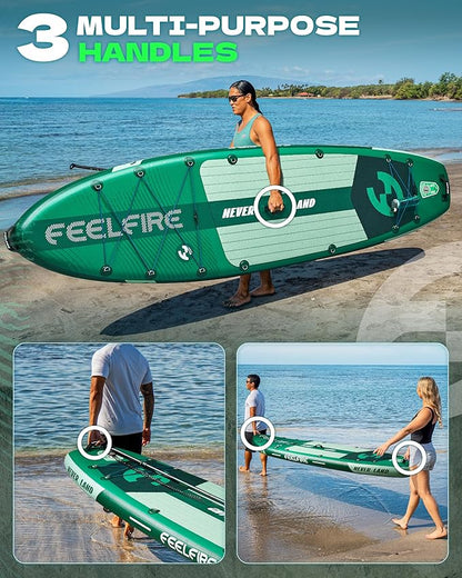 Feelfire11'x34” Extra Wide Inflatable Paddleboard, Stand-up Paddle Board for Adults, 420lb Capacity for Yoga/Fishing/Family, EVA Deck, US Fin, High-Pressure Pump, Storage Backpack, Safety Leash