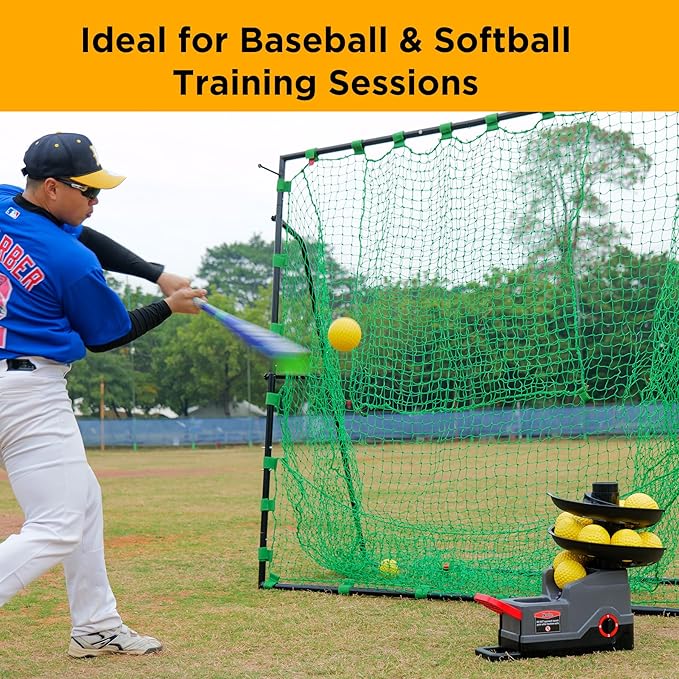 Furlihong 691BH Baseball Softball Toss Machine, Foot-Operated, No Power Needed, 4 Adjustable Gears, Includes 2 Ball Chutes, 1 PU Baseball & 1 PU Softball