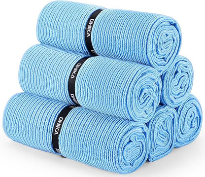 Microfiber Gym Towels with Snap Strap Closure, Ribbed Pattern Sports Towels for Yoga, Home and Outdoor Activities, 27” x 16”, 6 Pack, Light Blue