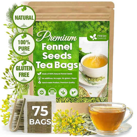 FreshDrinkUS, Premium 75 Fennel Seed Tea Bags – 100% Natural & Pure, Handmade Herbal Tea, Eco-Friendly, Fresh Aroma, Made with Natural Material Tea Bags. No Sugar, No Caffeine, No Gluten, Vegan.